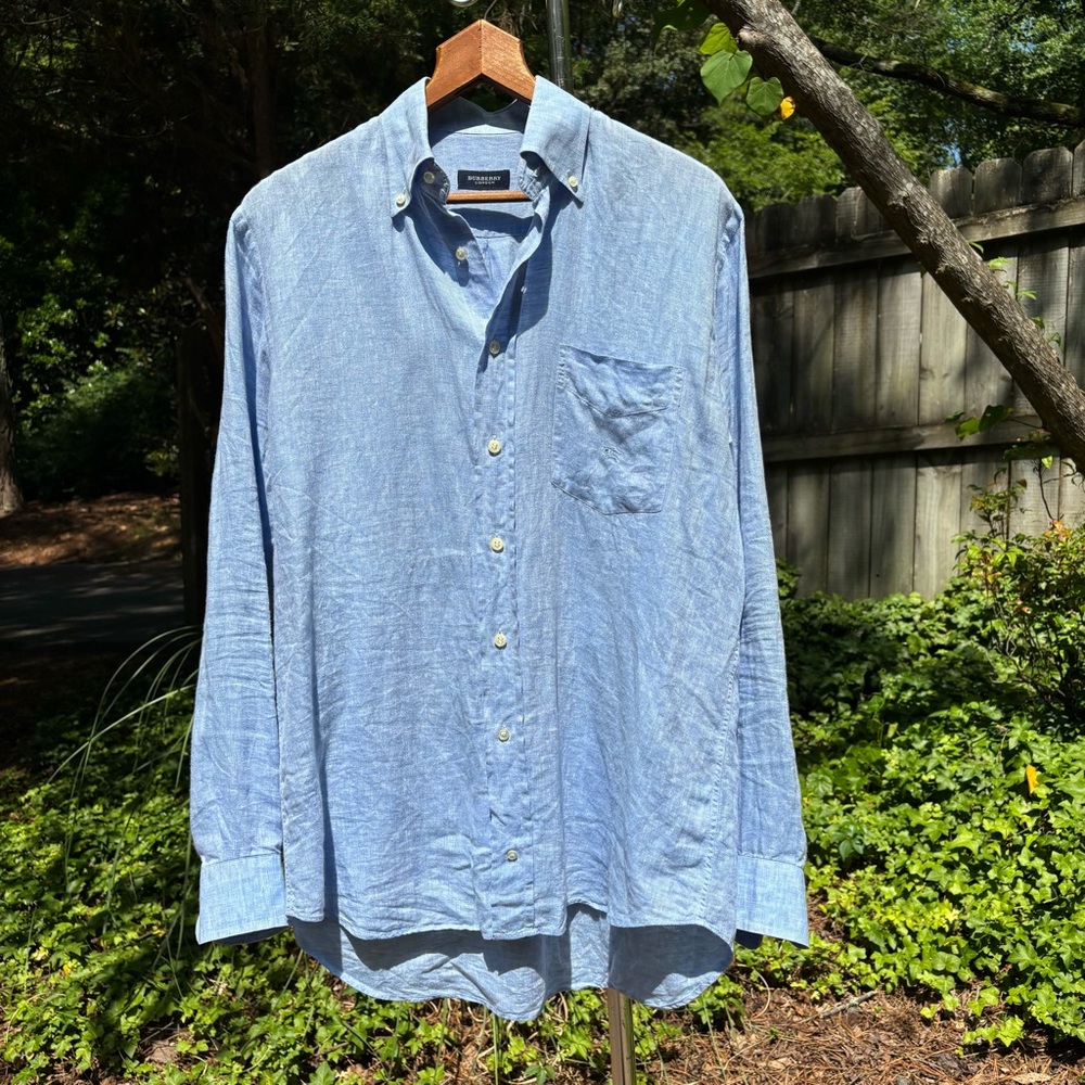 BURBERRY LONDON—Long-Sleeve Light Blue Shirt—15 x 36—Made in Spain—100% Linen